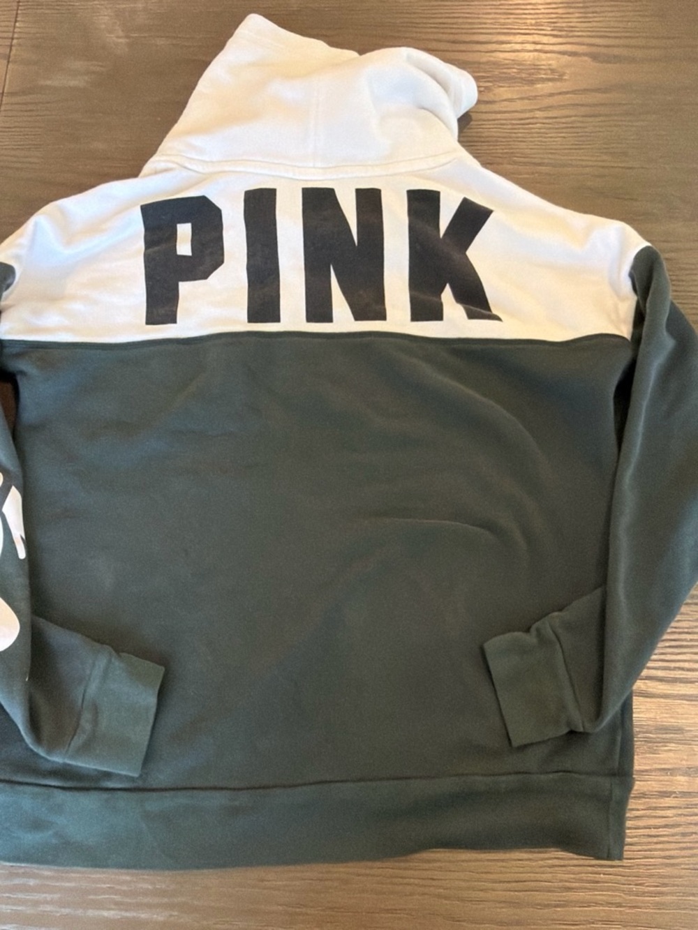 Victoria's Secret PINK Two-Tone Pullover Hoodie in Olive and White